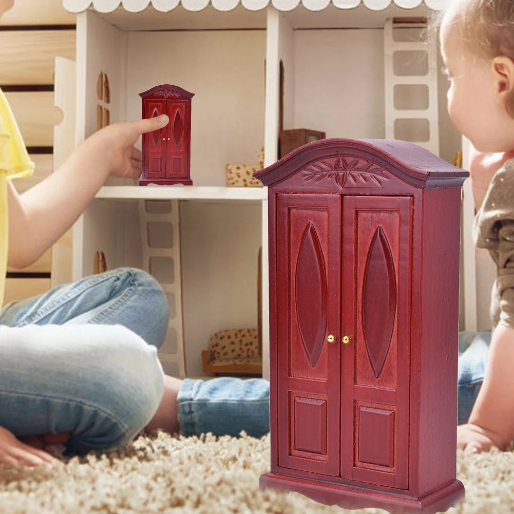 ZK40 1:12 Scale Mini Vintage Wooden Double Door Closet Wardrobe Dolls House Accessory Dollhouse Furniturewine red