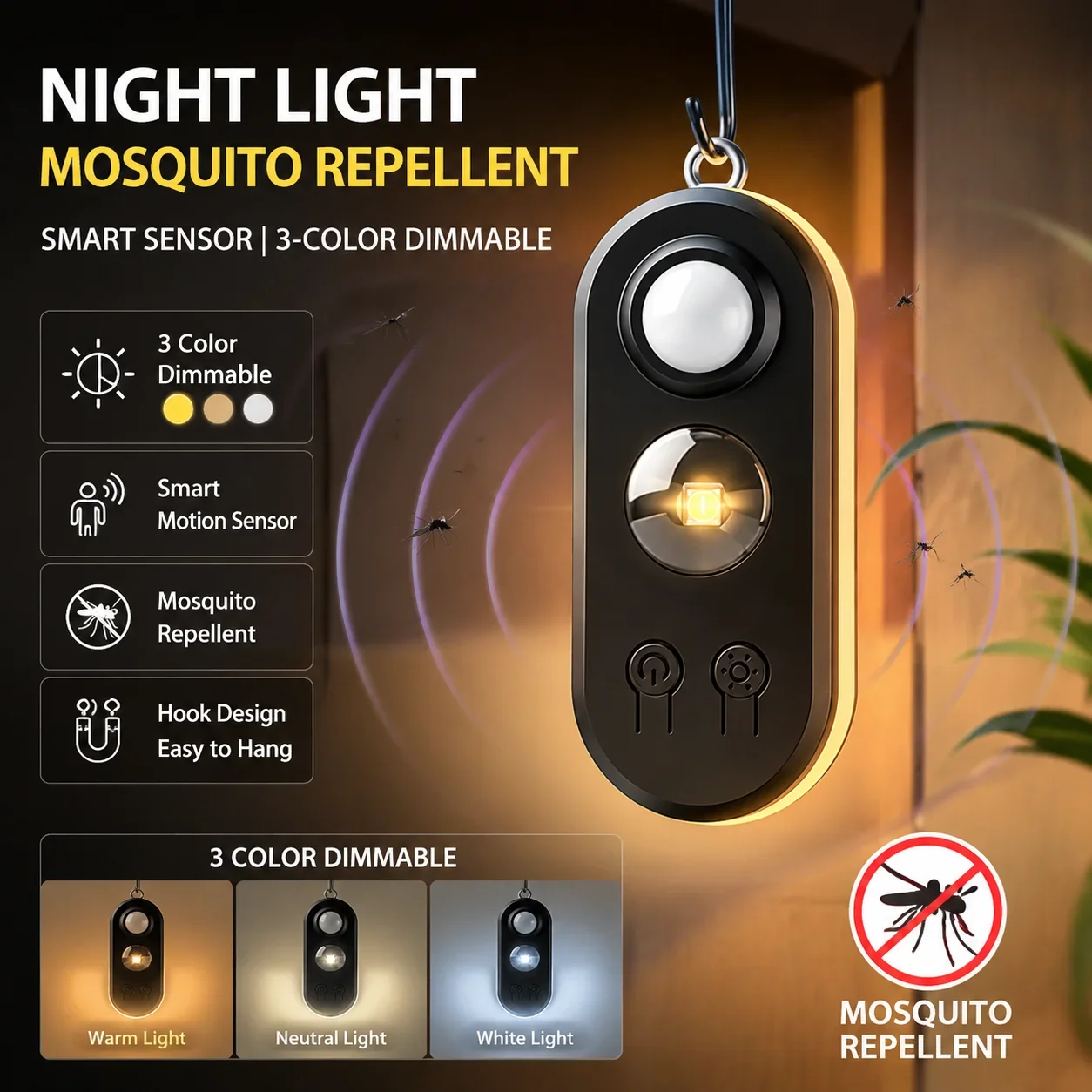 Auto on Off Rechargeable Sensor Night Light Mosquito Repellent Smart Bedside Lamp for Bedroom Hallway & Baby Night Feeding Use