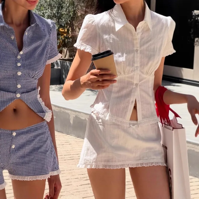 New Fashionable Summer European and American Style Retro Fresh Wave Lace Slim Fit Pure Desire Style Shirt+Half Skirt Set