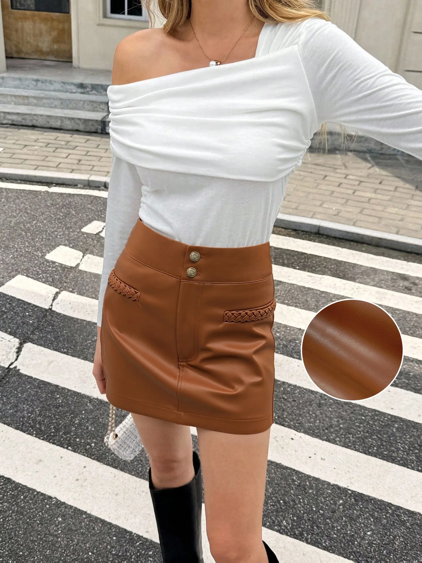 Women’s French Vintage Brown A-Line Skort, Side Weave Detail High Waist Skirt Shorts, Autumn Winter Chic Casual Skort