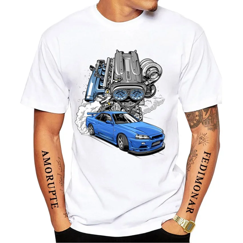 

RB26 Engine Skyline R34 GTR Blue Print T-Shirt New Summer Men Short Sleeve Car Sport Cool Boy Casual Tops Fashion White Tees