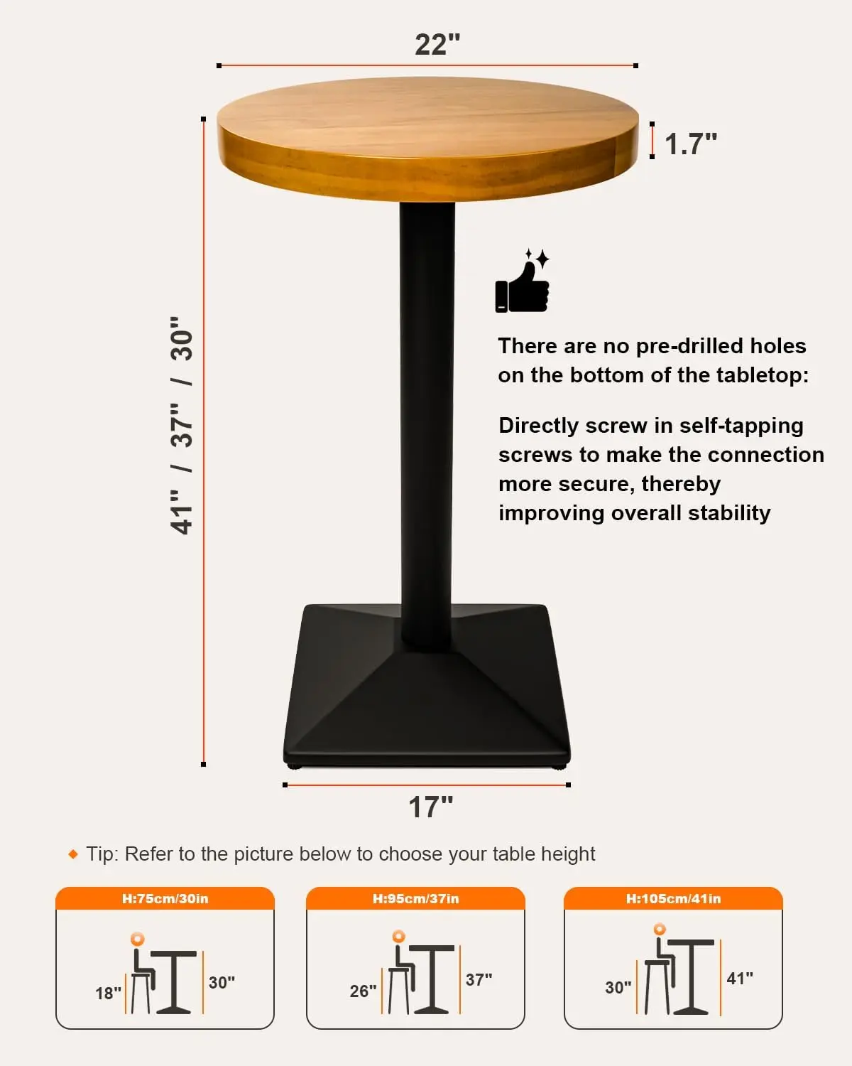 Round Bar Table, 22"" W High Top Table With Stable Square Base, Modern Style Cafe Table Solid Wood Pub Table For Cafe, Living