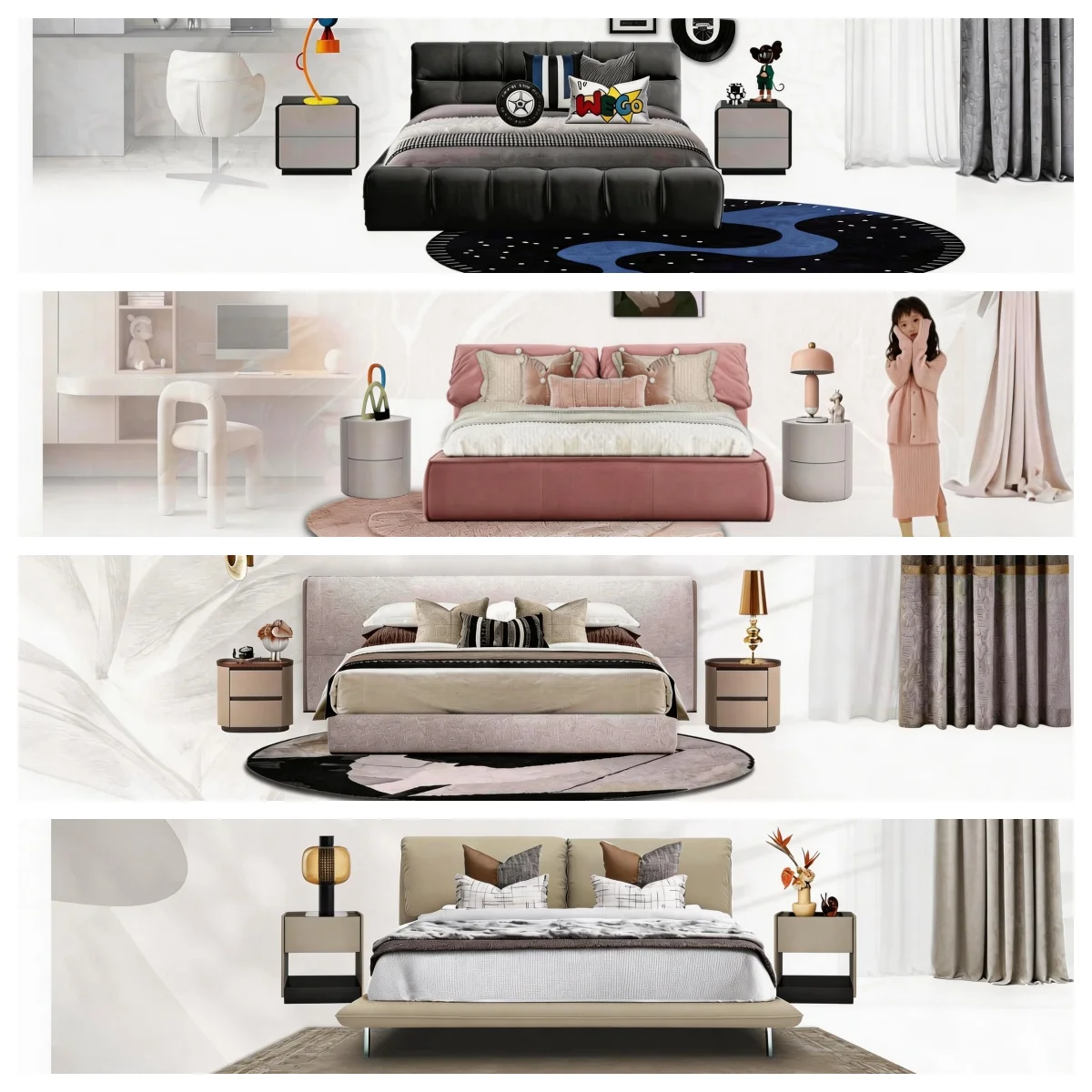 PFZION HOME Italian Nordic Cloud Bed Frame Tufted Double White New Design Fabric Platform Oak Wooden Queen Size Modern Bed