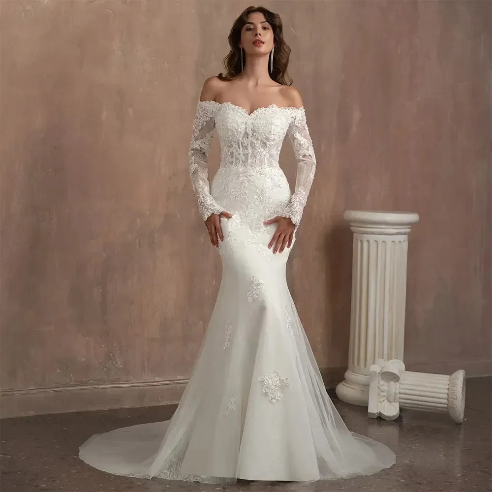 

Sexy Mermaid Wedding Dresses Beading Pearls Sheer Bateau Neck Ruffled Short Sleeves Bridal Gowns Customized