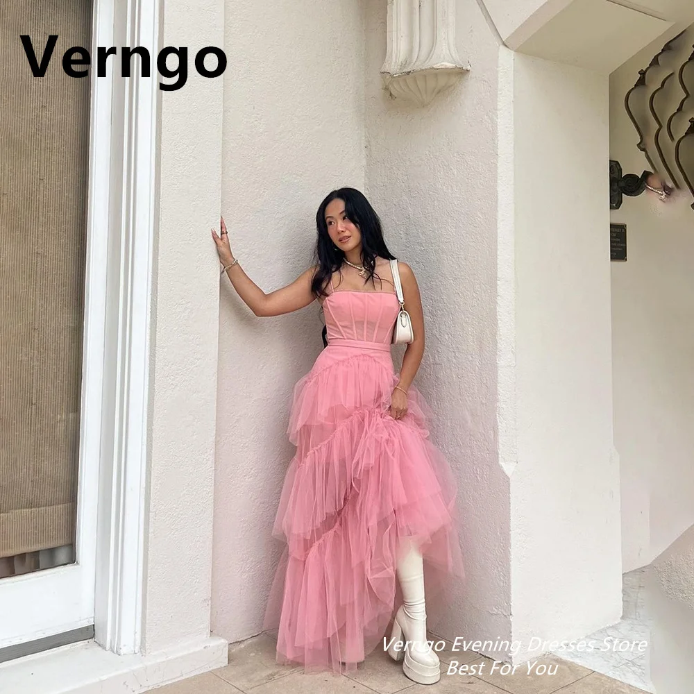 

Verngo Blush Pink Spaghetti Straps Party Dresses For Women Tiered Tulle Long Birthday Dress Square Collar Prom Gowns