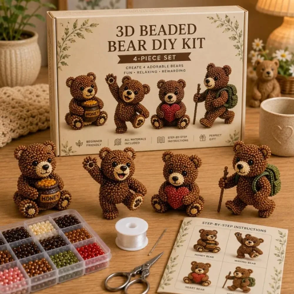 3D Beaded Bear Set, Handmade Bear Sculpture Kit, including Brown Bear, Polar Bear, Panda, and Black Bear,3D Beaded Animal Kit