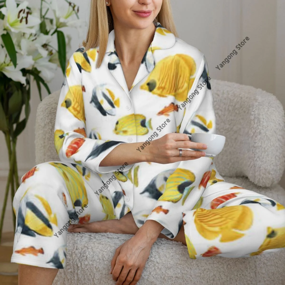 Spring and Autumn Long Sleeve Pants Pajamas Loungewear Set Underwater Fish Women's Pull Edge Loose Sleeping Suit