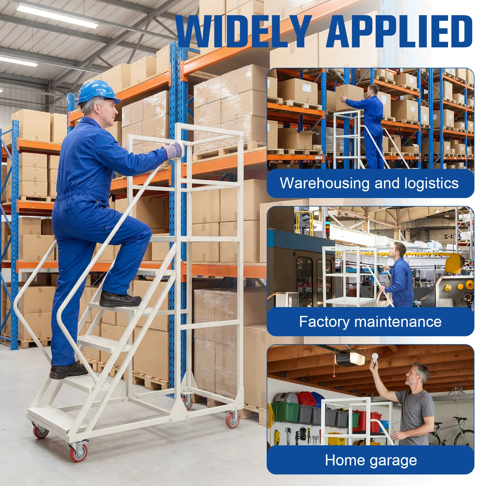 Steel Rolling Industrial & Warehouse Ladder with Wheels Rolling Stairs with Handrails 880 LBS Capacity for Supermarket Library