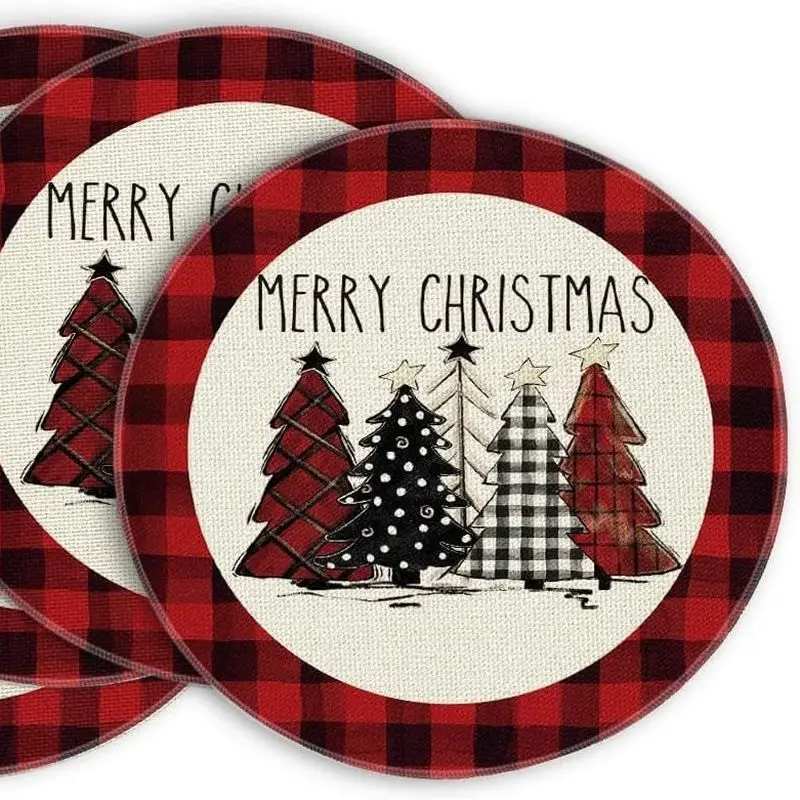 Grid Scarf Snowman Cardinals Round Christmas Mat Wear resistant Plate Mat Home Table Decoration Mat
