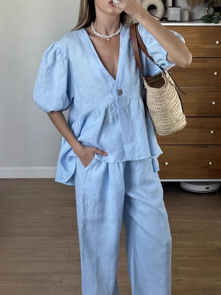 

2025 Women Spring Summer Holiday Casual Pant Set Suits New Button Solid Outfits V-neck Chic 2 Piece Matching Set for Women New