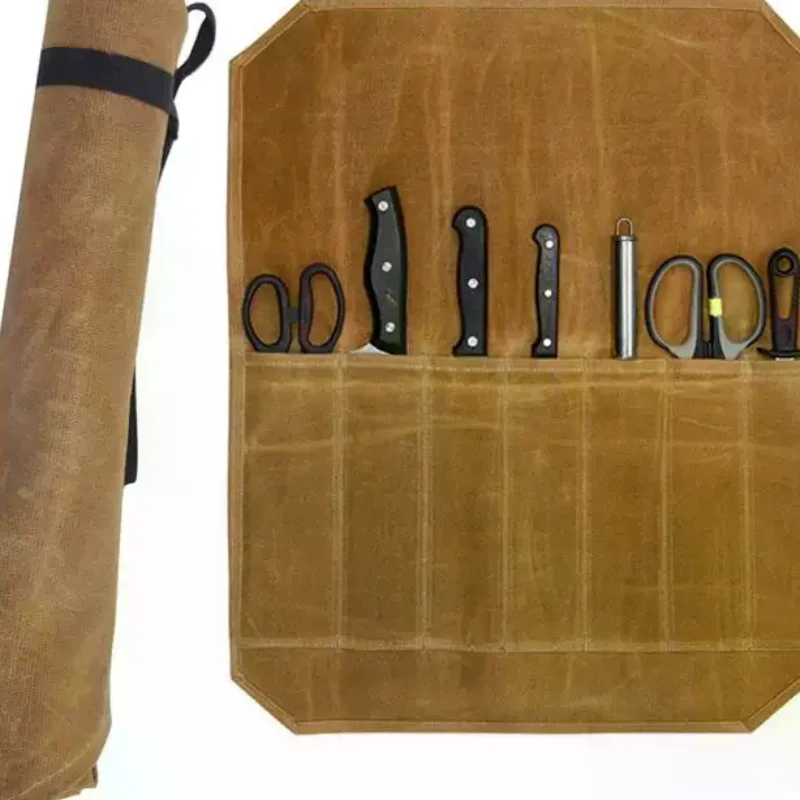 1Pcs Waxed Canvas Chef Knife Roll With Multiple Storage Slots And Durable Construction Perfect For Home Kitchen Outdoore