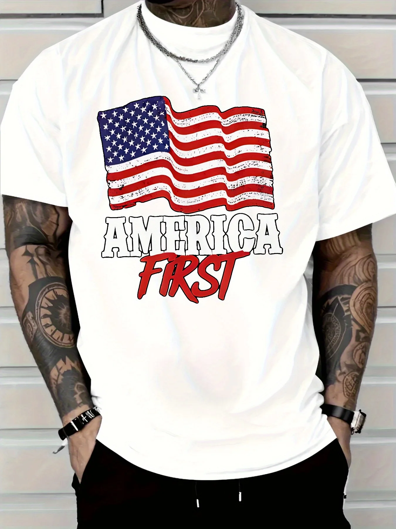 

Мужская футболка с принтом американского первого патриотического флага, жирная красная надпись, потертый дизайн, рубашка с американским флагом, наряд для отдыха
