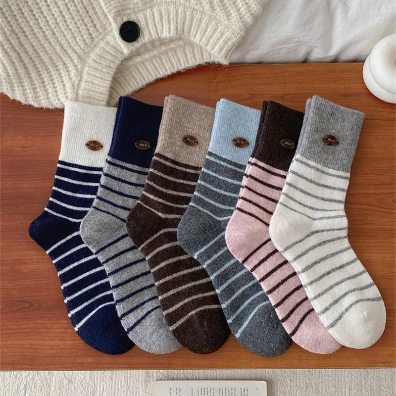 12 pairs of women's spring autumn thick striped spliced wool socks for warmth simplicity comfort  casual mid length socks