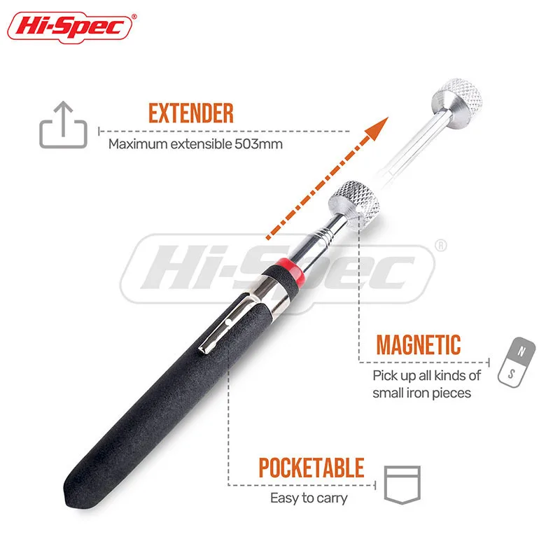 Hi-Spec 1pc 8lb LED Light Telescope Magnetic Pickup Tool,Magnetic Pickup Tool,Extendable Tool Kit With Led Light Inspection Tool