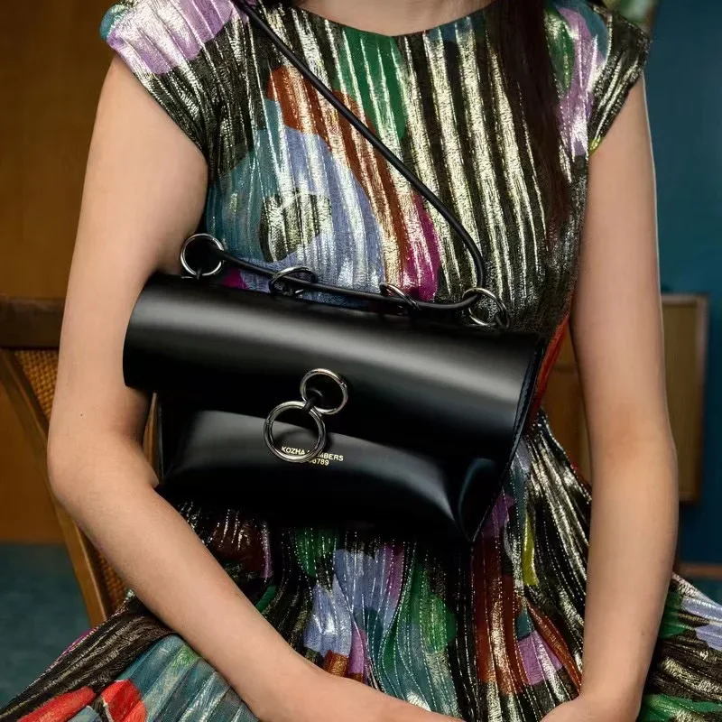 حقيبة أرقام KOZHA المتخصصة ذات الكتف الواحد من جلد البقر مع حلقات بسيطة وحقيبة نسائية بسلسلة متقاطعة #5
