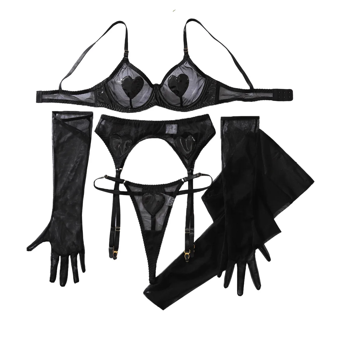 

Sexy Comfortable Sheer Mesh Lingerie Women's Spliced PU Leather Bra & Brief Heart-shaped Decorative Shaping Split Underwear Set