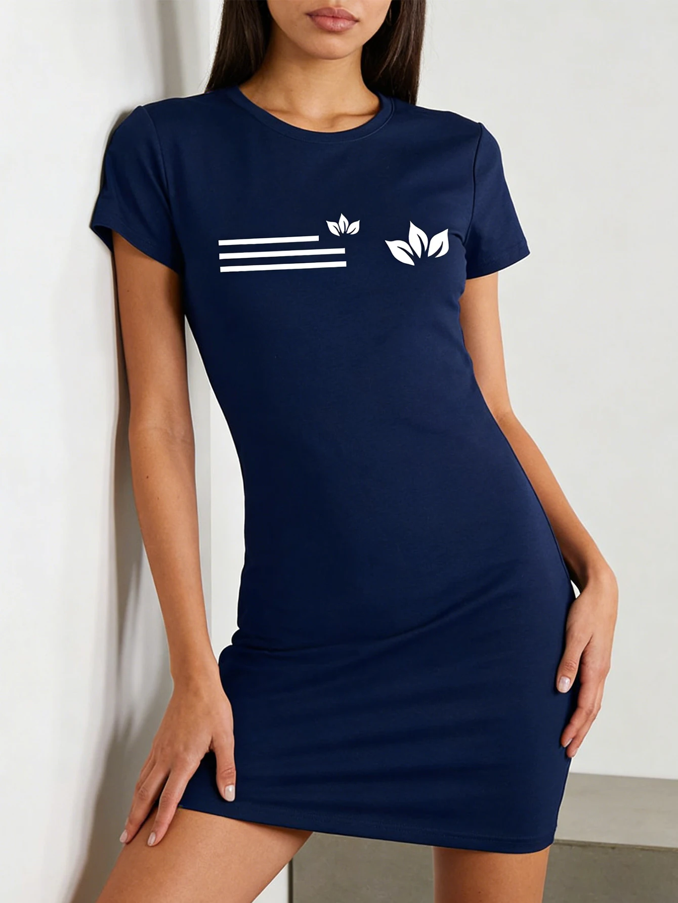 Printed Short-Sleeved Dress - Casual Round Neck, Short Sleeves, Machine Washable - Spring/Summer Casual Style