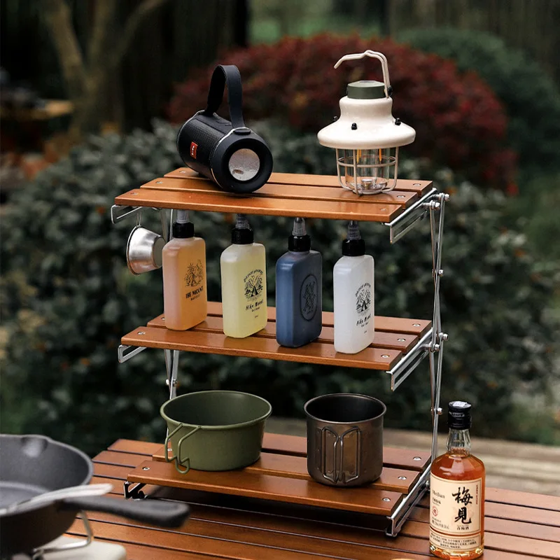 Outdoor Camping Triple Shelf Solid Wood Stainless Steel Structure Foldable Portable Table Multifunctional Storage Shelf With Bag