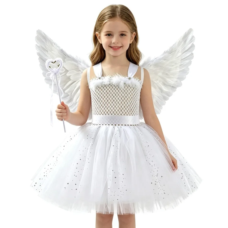 Girls White Angel Tutu Dress Sequin Tulle Skirt With Angel Wings Magic Wand Kids Halloween Party Fairy Cosplay Fancy Dress ZZ12