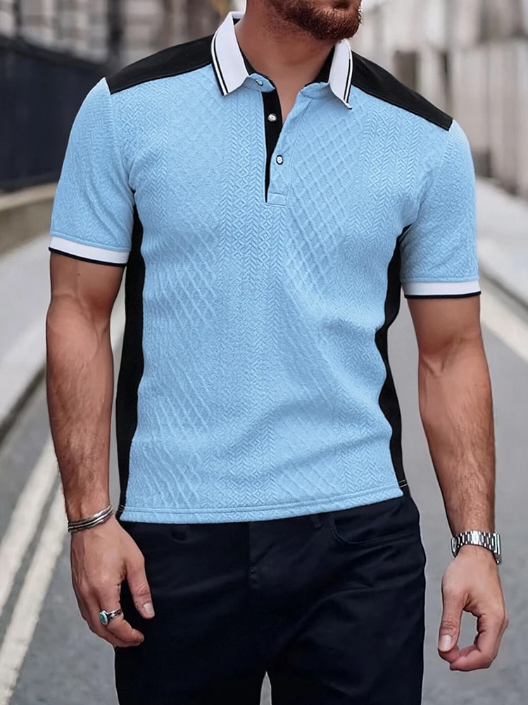 Stylish Contrast Color Textured Tops Men Vintage Button-up Lapel Patchwork Polo Shirt For Mens Summer Vintage Short Sleeve Polos