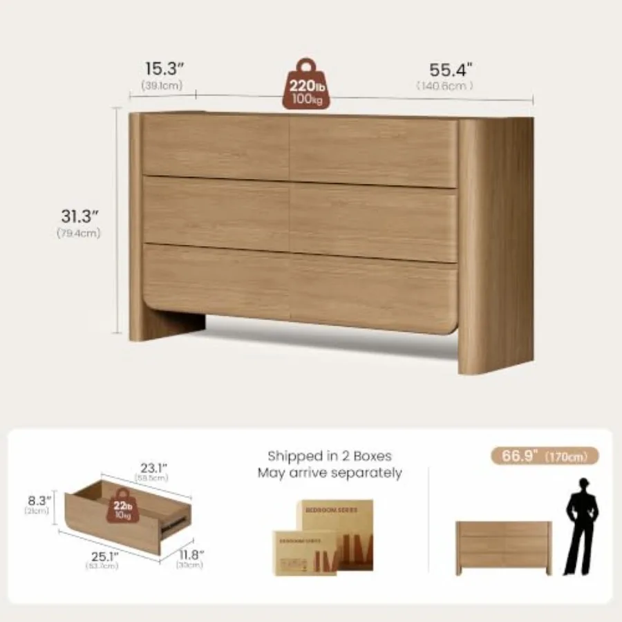 6 Drawer Dresser for Bedroom, Thick Rounded Side Panels and Handleless Design, 55
