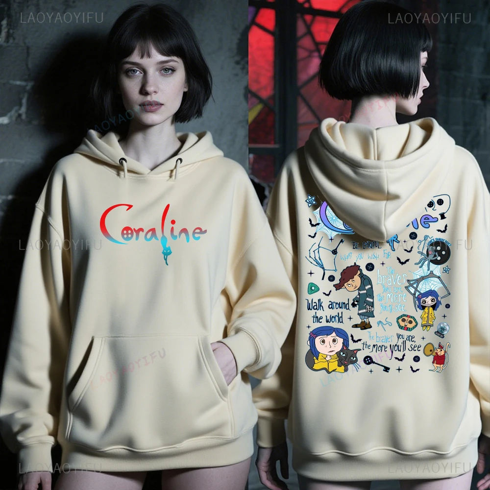 Vintage dessin animé film bouton yeux féminin pull vêtements Coraline graphique à capuche Harajuku femme Blusas femme homme sweat