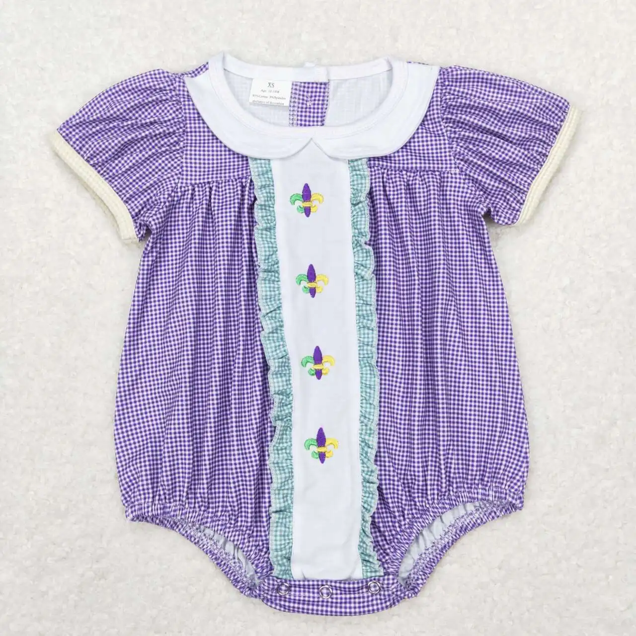 

New arrival baby onesies 2024 girls embroidered carnival lace purple and white plaid short sleeve onesies