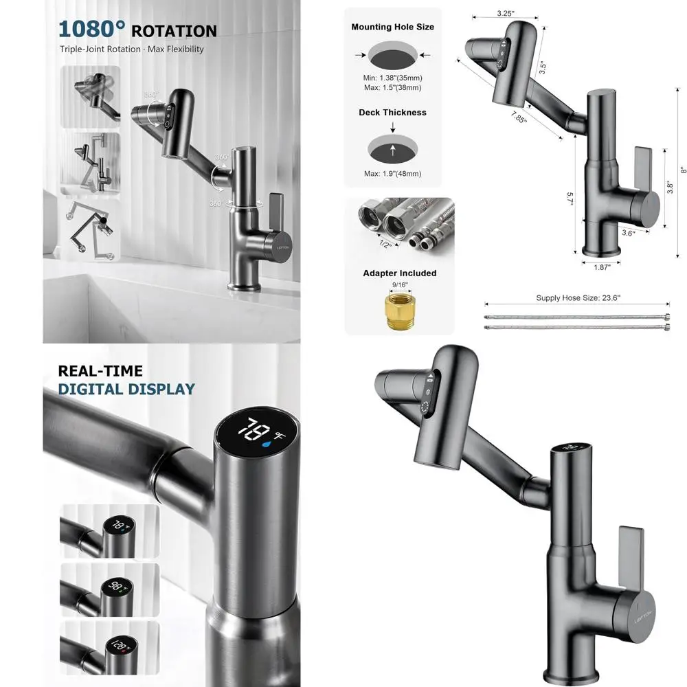 

Battery-Free Rotatable Faucet with Fahrenheit Temp Display, 3 Modes, Dark Grey