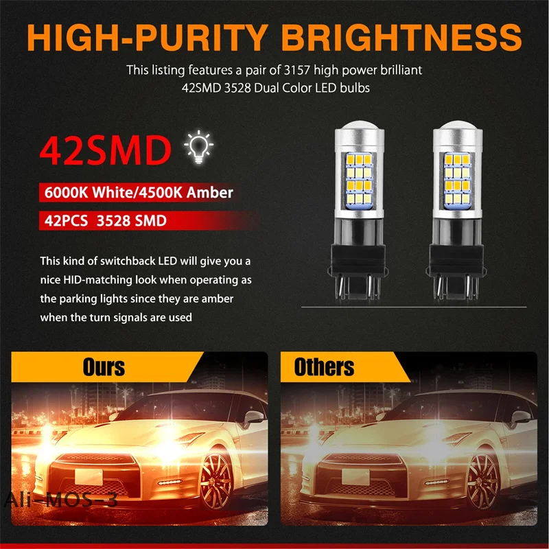 

【S】4Pcs Error Free White/Amber 3157 LED DRL Switchback Turn Signal Parking Light Bulb