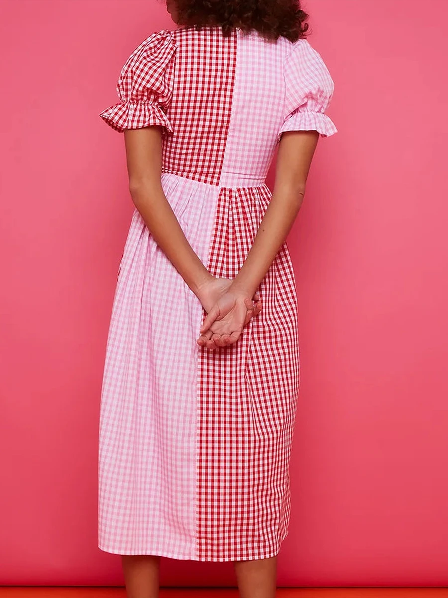 Women Y2k Gingham Maxi Dresses Puff Sleeve Contrast Color V-Neck Long Dress Plaid Flowy Patchwork Ruffle Dress