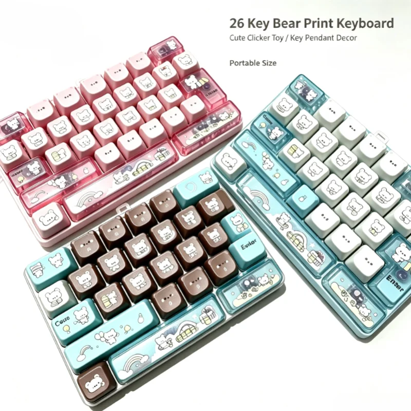 26 Key Bear Print Decompression Keyboard Keychain Cute Cartoon Clicker Toy Portable Backpack Phone Car Key Pendant Decor