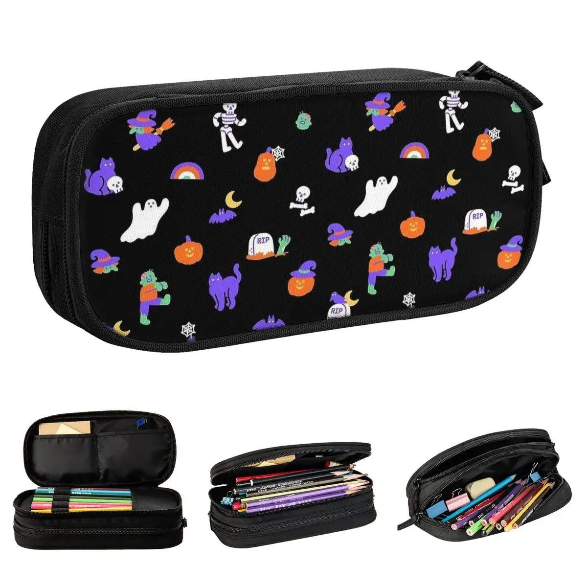 New Haunted Halloween Friends Pencil Case Spooky Skull Cat Pencilcases Pen Box for Student Large Bag Office Gift Stationery