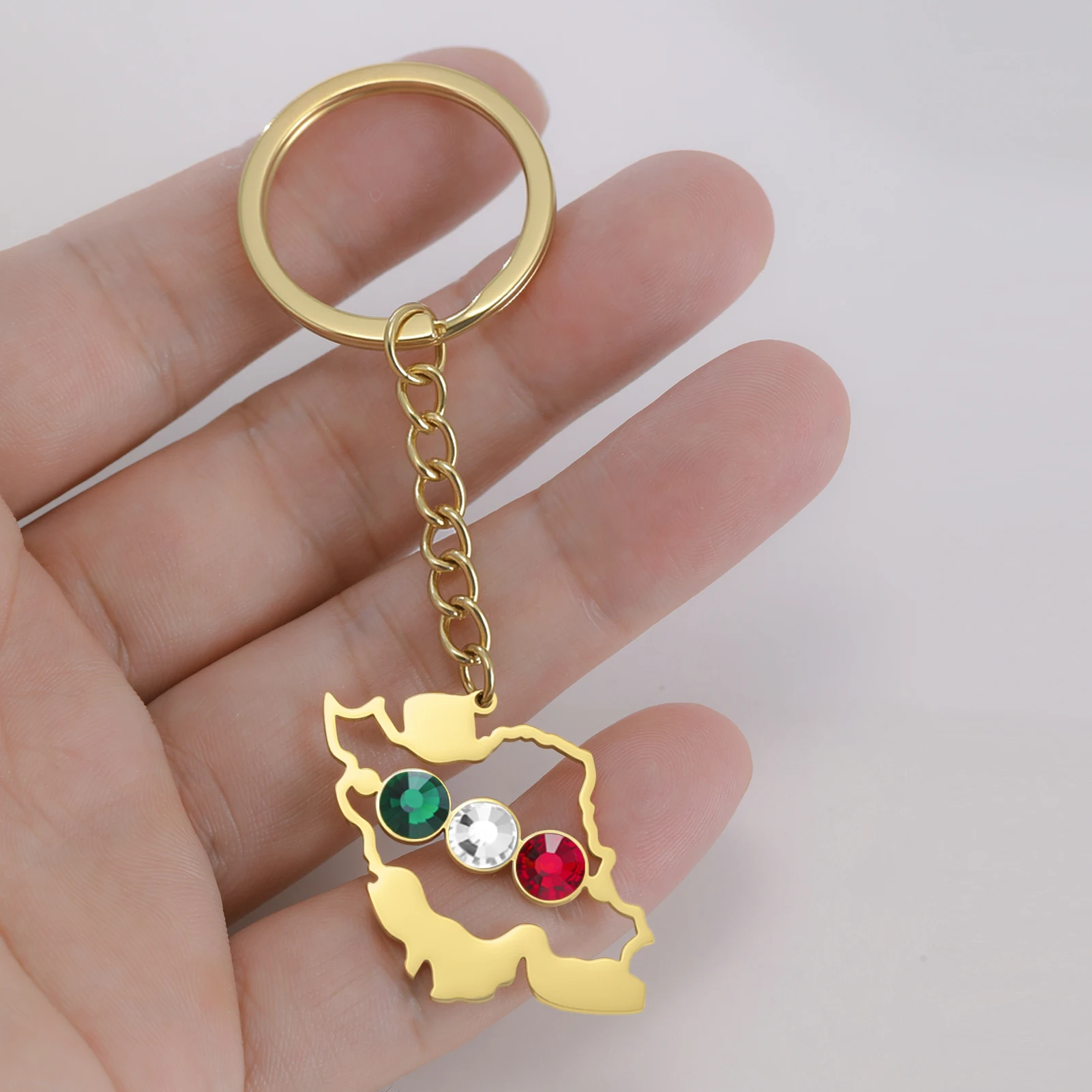 Iran-Karten-Schlüsselanhänger mit dreifarbigem Strass-Schmuck, Edelstahl, iranischer ethnischer Schmuck, Autoschlüsselanhänger, Taschenzubehör, Geschenke