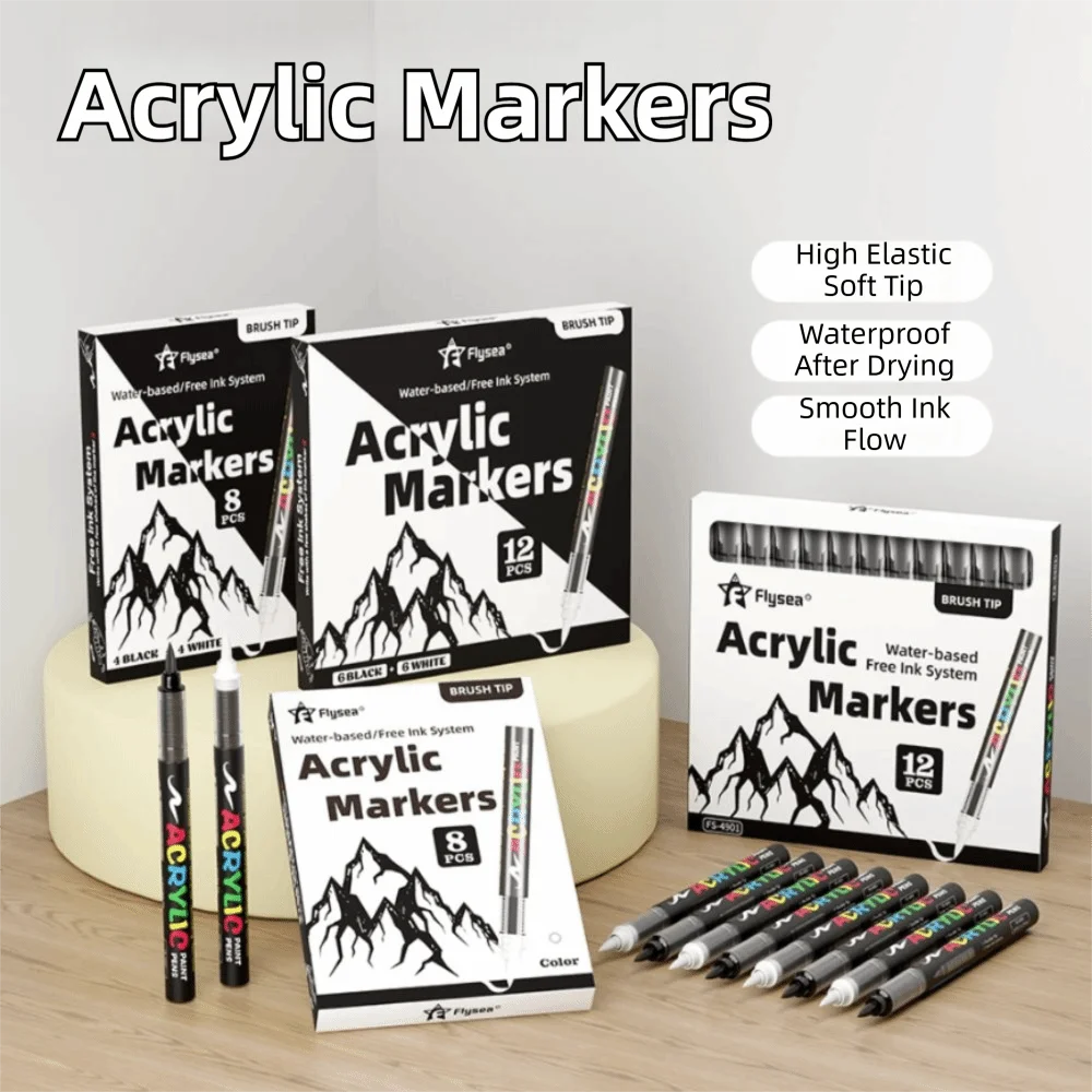 8pcs Black and White Acrylic Paint Marker Waterproof DIY Acrylic Marker Pen Soft Tip Large Capacity Ink Marker
