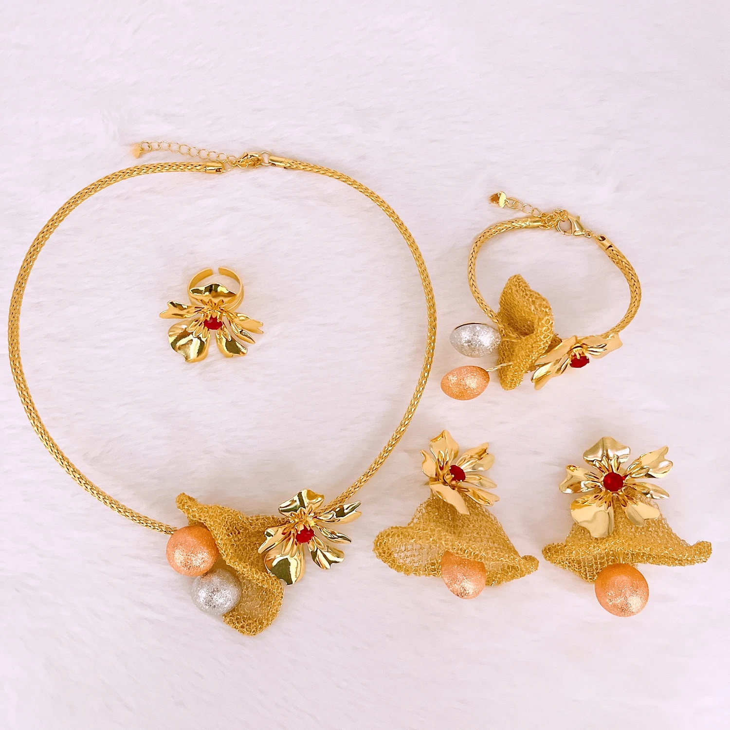 Gold Plated Jewelry Sets for Women Flower Pendant Necklace Earrings 4pcs Set Wedding Jewelry Accessories Party Gifts