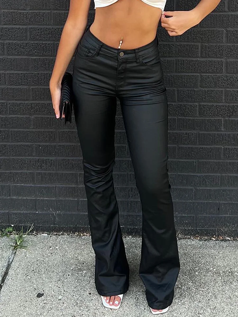 Women Faux Leather Flare Long Pants Solid Color High Waist Bell Botom Trousers for Party