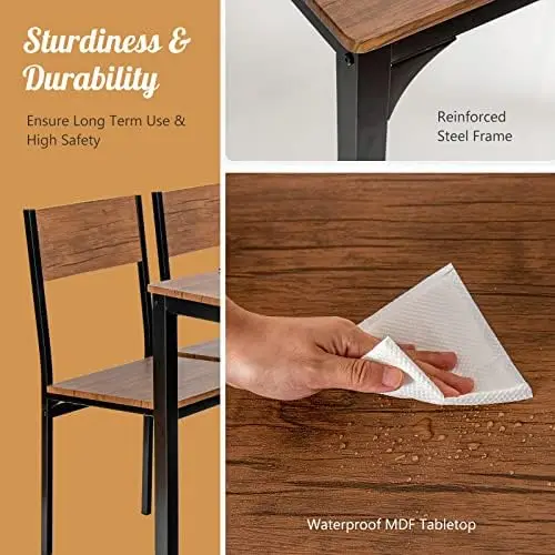 Set tavolo da pranzo 4 pezzi per 4, tavolo da cucina moderno con struttura in metallo e contenitore, marrone