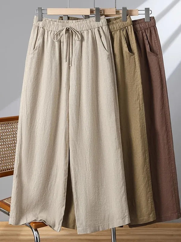 

High Waist Wide Leg Pants Women's Summer Thin Cotton Linen Straight Cut Loose Slimming Nine Point Pants Casual Commute Sle