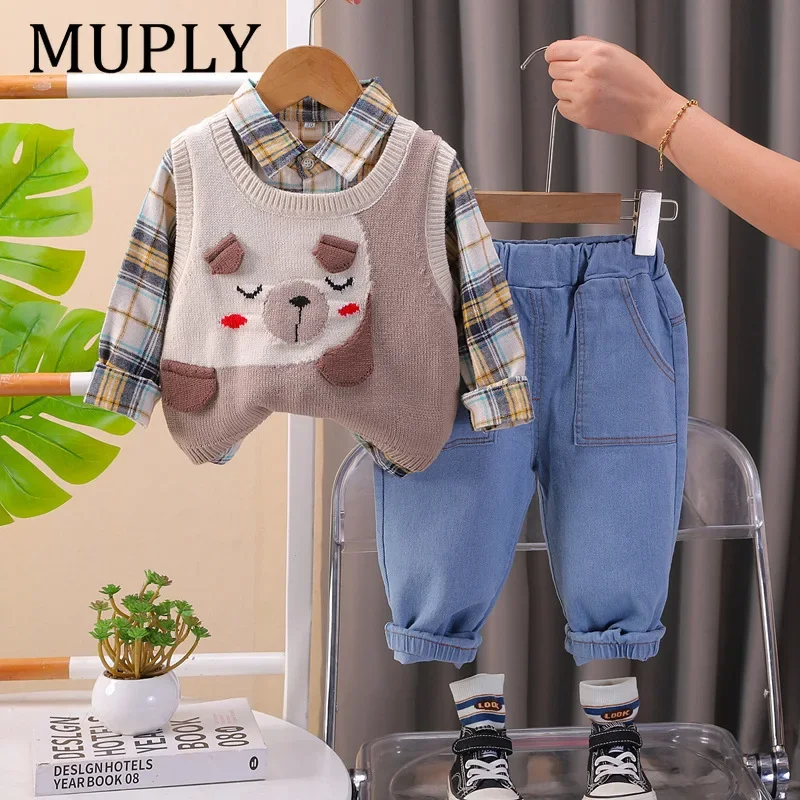 

New Children's Sweater Vest Shirt Pants 3-piece Set Kids Outfits 6M 2T 3T 4T 5T Spring and Autumn Baby Boys Clothing Set