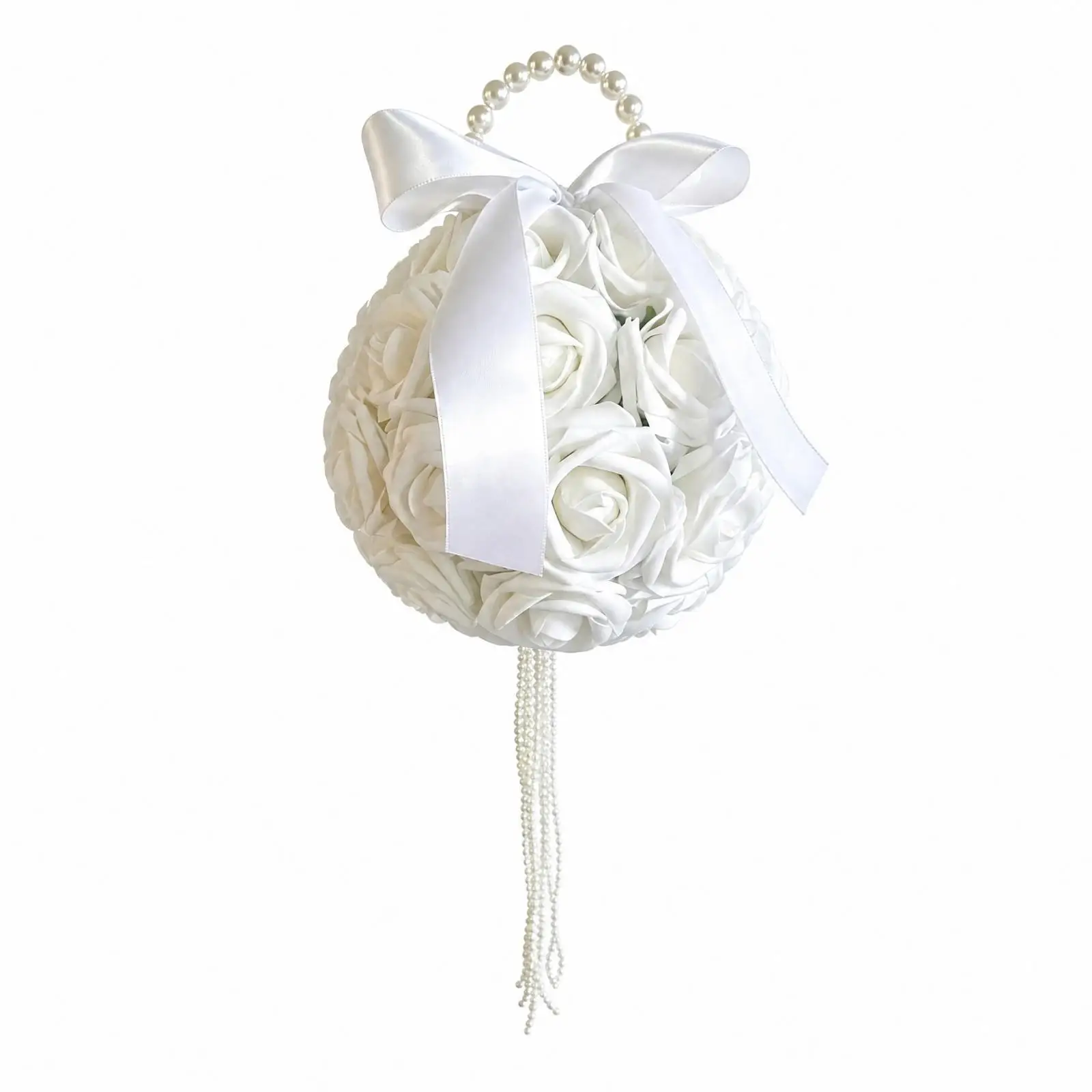 Pearl Strand Silk Rose Bridal Bouquet Round Artificial Flower Design Satin Ribbon Bow Wedding Wreath for Bridal Portrait