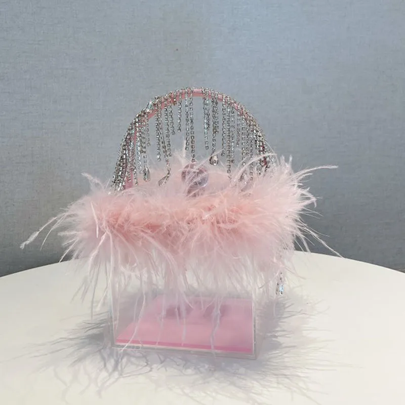 Transparent Acrylic Clutches Fashion Luxury Pink White Feather Rhinestone Tassel Box Evening Bag For Women Wedding Party Handbag