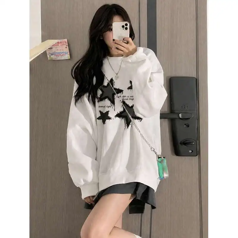 Women's Plus-Size Loose Casual Versatile Star-Print Crew-Neck Sweatshirt (Autumn/Winter)