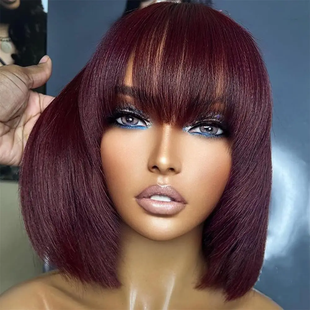 Burgundy Bob Wig Human Hair With Bangs 99J Short Straight Bob Human Hair Wigs For Women 180% Density Brazilian Virgin Human