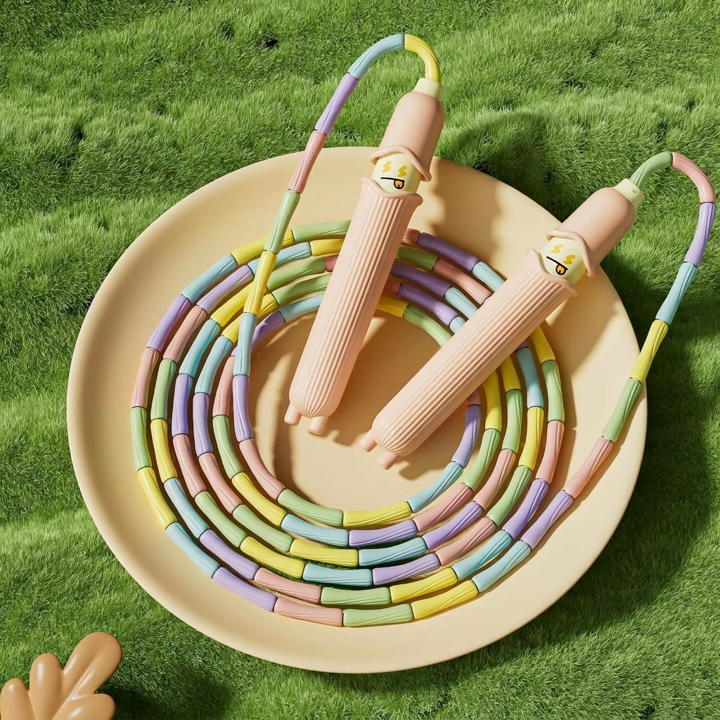 Jump Rope Flexible Fiber Beaded for Kindergarten Kids Adjustable Rainbow Skipping Rope for Beginner Training
