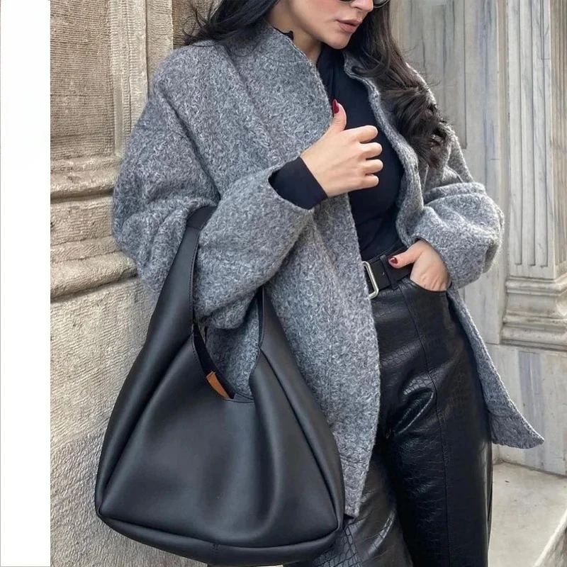 

Women's Casual Outerwear Comfortable Urban Style Loose Long Sleeve Coat Pure Color Stand Collar Single Button Large Pocket