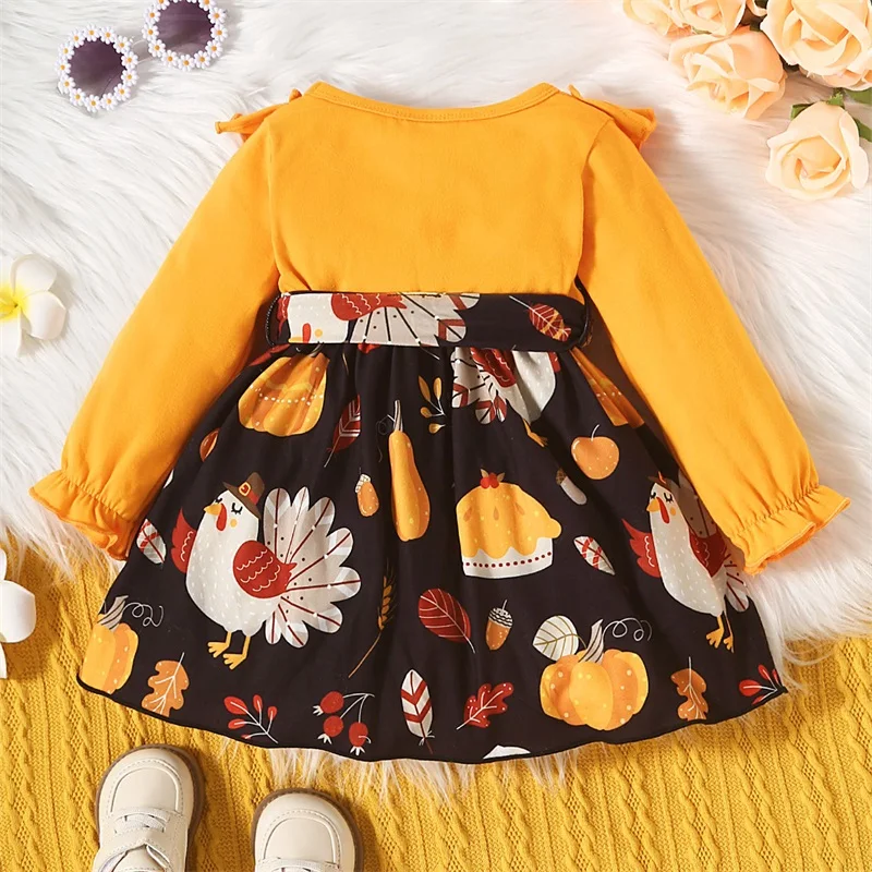 Infant Girl Fall Long Sleeve Dress Cute Turkey Print Mini Dress Round Neck A-line Princess Dress for Thanksgiving