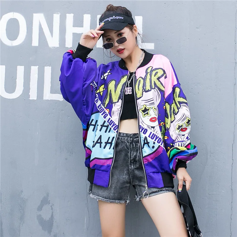 

New Fashion Printing Jacket Women Loose Baseball Uniform Female Bomber Jacket Long Sleeve Casual Basic Coat Women's Jackets Girl