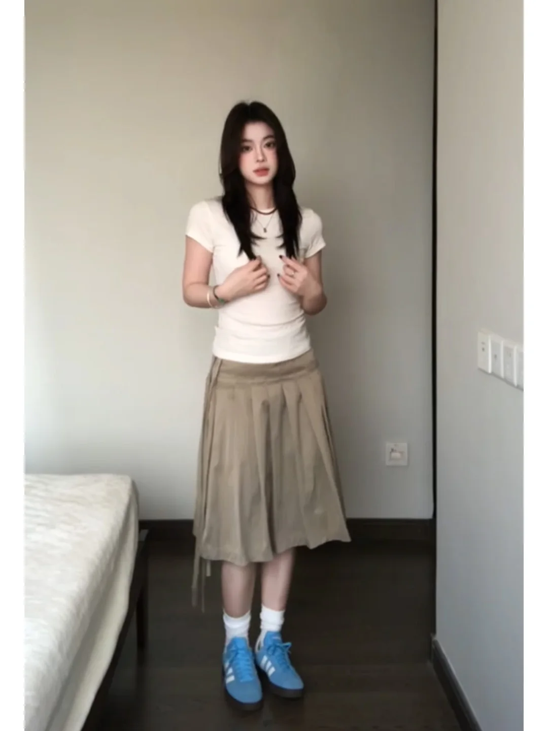 Casual Kaki Color Half-length Skirt Women's High-waist Pleated Design Belted Vintage Versatile Spring Season Fashion Ladies' ...
