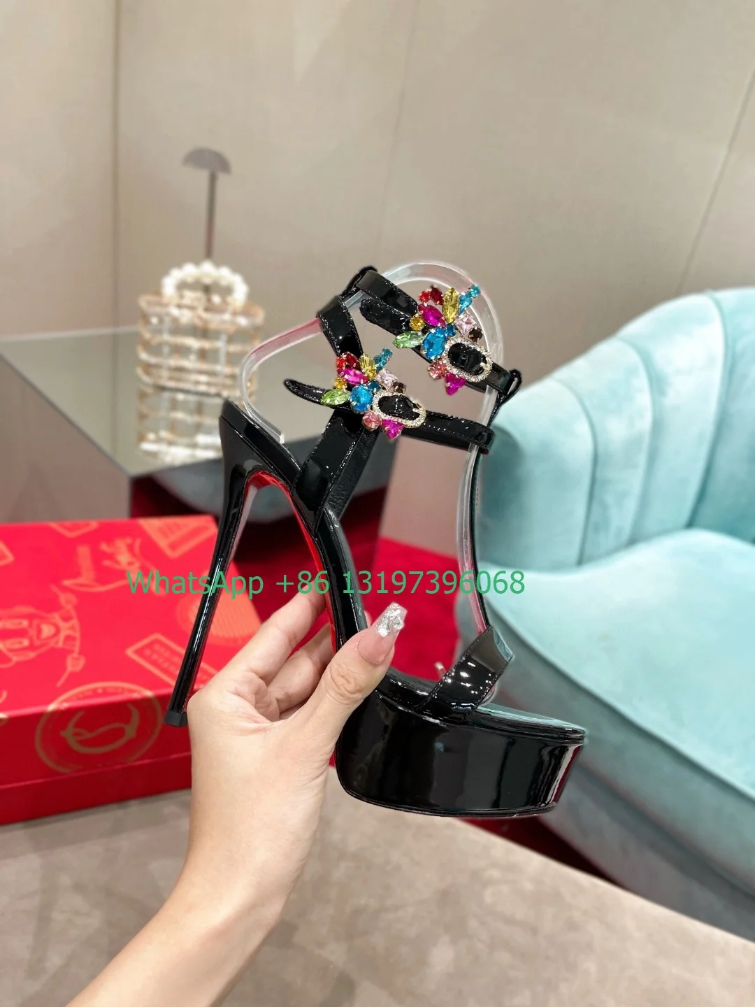 Ladies Elegant Royal Blue Thick Sole Crystal Color Diamond Sandals Sexy Black Stiletto Sandals Banquet Pumps Large Size 34-43