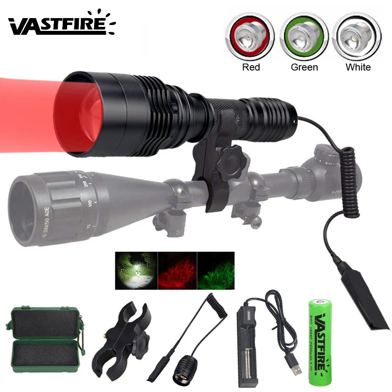 C11 XPE Red Green White Tactical LED Hunting Flashlight 18650 Battery Weapon Lights with Rifle Scope Mount for Hunting Fishing